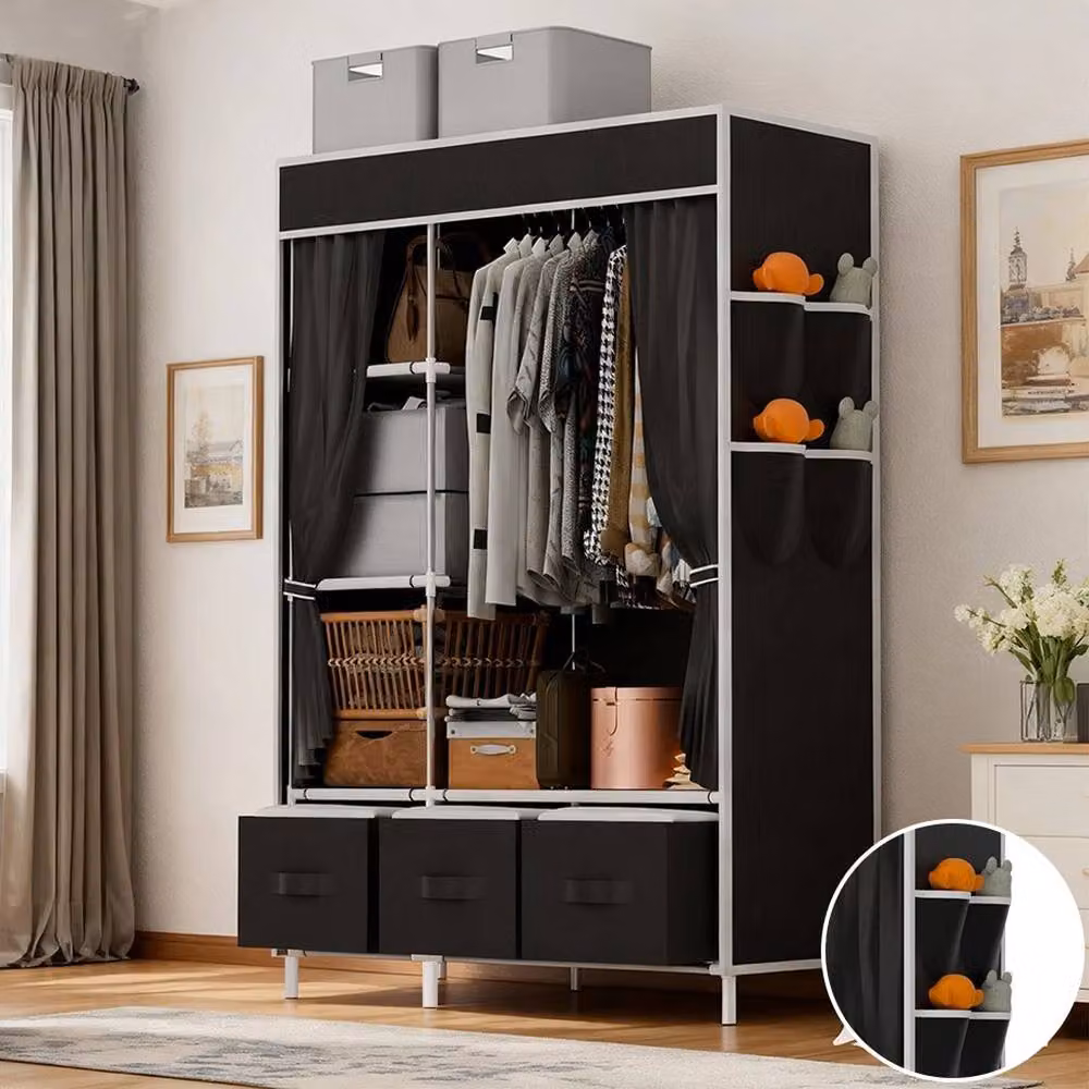 PAWNORA Black Fabric Canvas Wardrobe with Integrated Drawer, W/D/H: 105 x 45 x 163 cm – 2