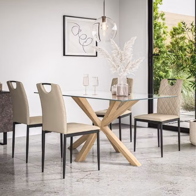 More4Homes Etta Glass Dining Table Set with Solid Oak Legs and 6 Beige Monza Faux Leather Chairs