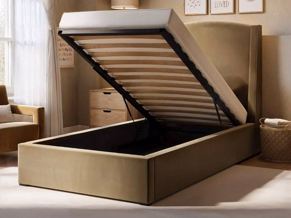 Solace+Co Blaine Single Winged Headboard Ottoman Bed in Gold Velvet – 2