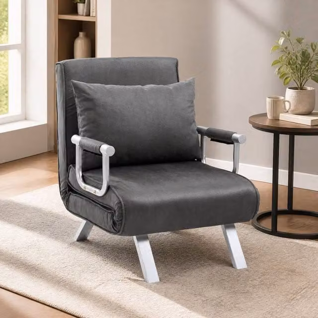 STILVORA 4-in-1 Grey Microfibre Chair Bed with Adjustable Back and Metal Frame