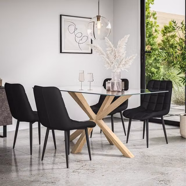More4Homes Etta Glass Dining Table Set with Solid Oak Legs and 6 Black Nova Faux Leather Chairs