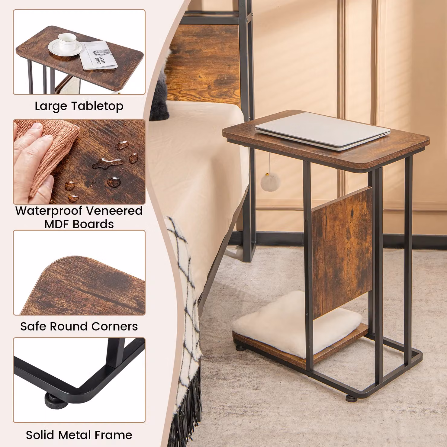 Costway C-Shaped Modern Cat Side Table and End Table with Removable Cushion in Brown – 4