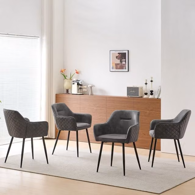 SONARA Set of 4 Modern Grey Faux Suede Dining Chairs with Armrests and Metal Legs