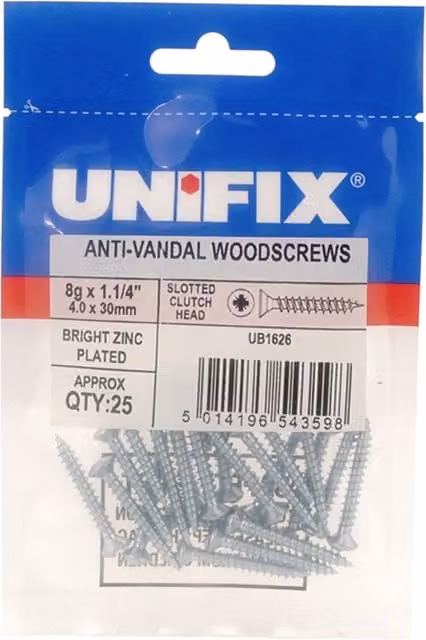 Unifix Anti-Vandal Slotted Raised Countersunk Clutch Head Woodscrews, BZP Grey, 8G x 1.1/4" (4.0 x 30mm) UB9TQCL