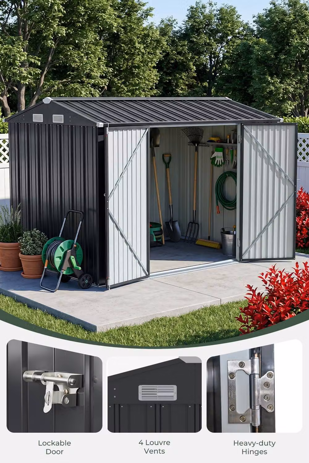 Garden Sanctuary Large Metal Garden Tool Storage Shed in Grey, W: 304.8 cm, D: 219.0 cm, H: 179.0 cm – 3