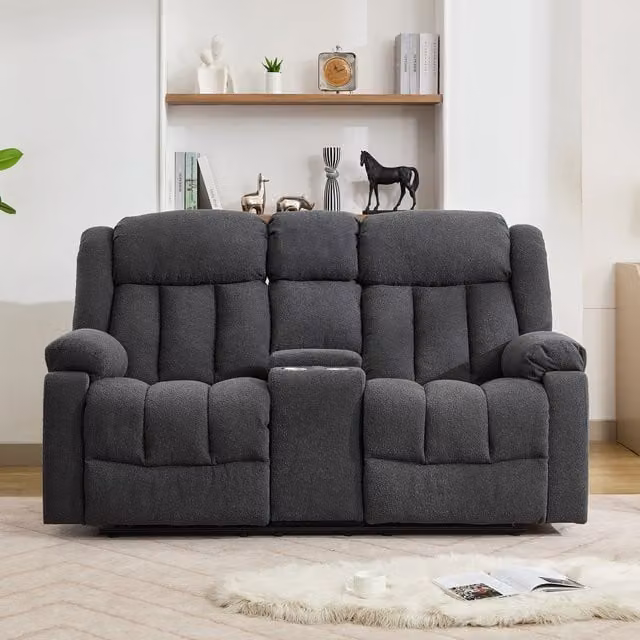 Artemis Home Lovell 2 Seat Manual Recliner Sofa with Home Cinema Console in Grey Bouclé Fabric