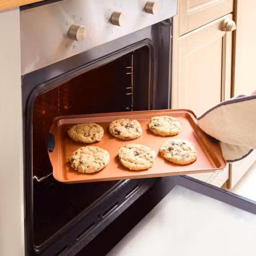 Basilico Non-Stick Copper Infused Rectangular Baking Trays, Set of 3, W: 45 cm, L: 30 cm, Bronze and Orange – 2