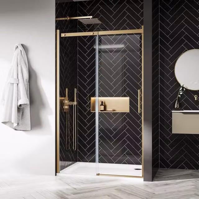 Bathwell Frameless Sliding Shower Door with 8mm Glass in Brushed Brass, Width: 1200mm