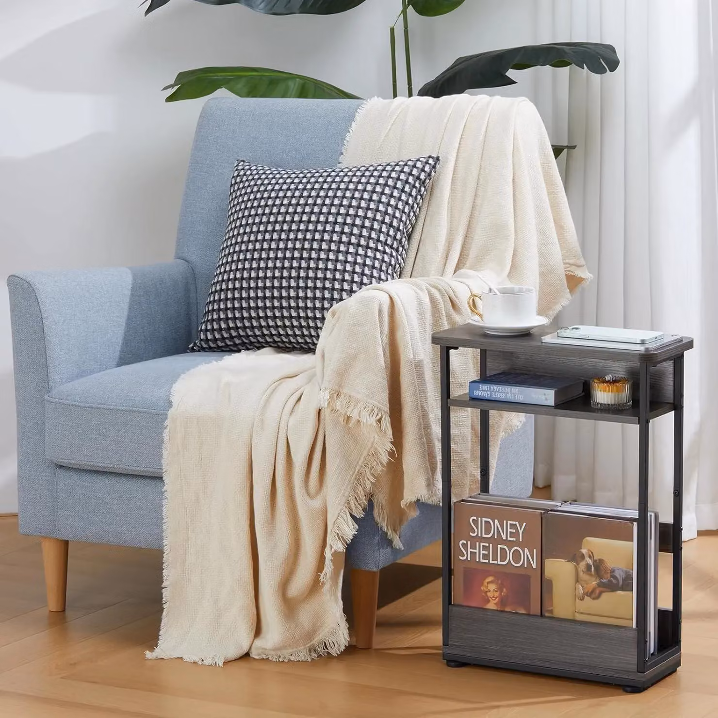 FURNOS Industrial Rustic 3 Tier Side Table with Magazine Rack in Grey and Black – 2