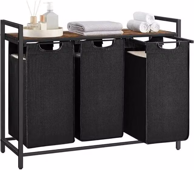 FORGEVIO 3-Compartment Laundry Basket with Shelves and Removable Bags in Black