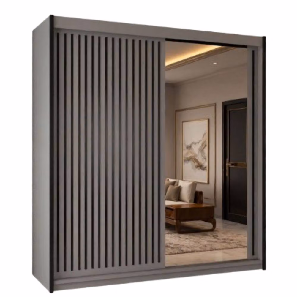 MN Furniture Reno 2 Sliding Door Wardrobe with Mirror and LED Light in Taupe, W: 150 cm, H: 217 cm – 2