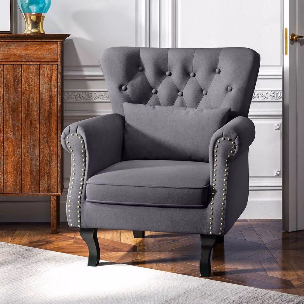 NESTLUNE Chesterfield-style Wingback Armchair in Grey Fabric – 3