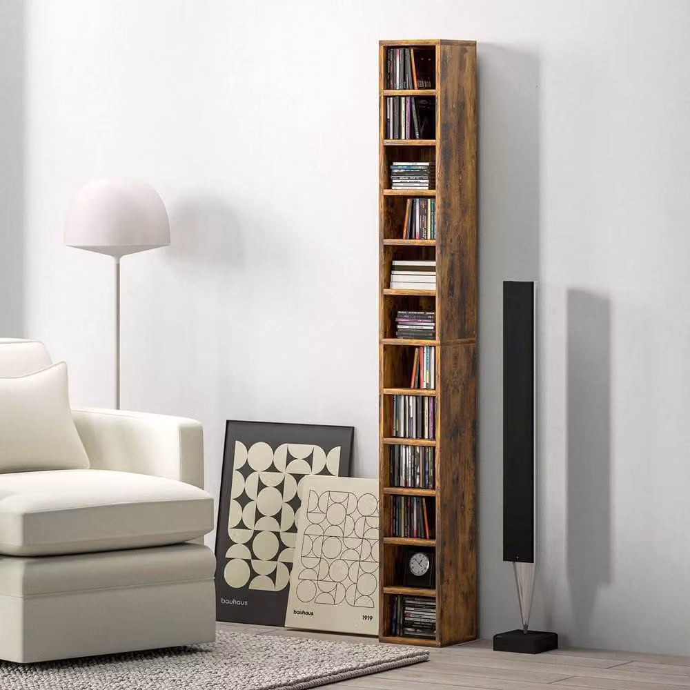 Wyld Haus Nedito Nedito Rustic Brown Tall Narrow Media Tower with 204 CD Capacity, H 175 x W 21 x D 20 cm – 3