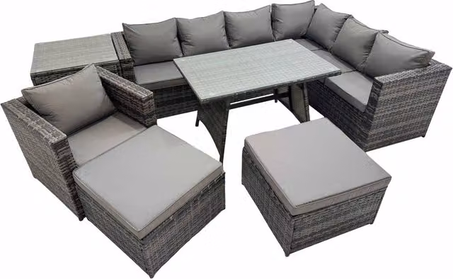Fimous Dark Grey Mixed PE Rattan Garden Furniture Set with Dining Table and Cushions