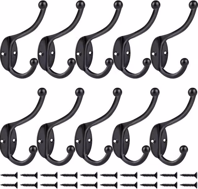 NESTLUNE 10-Piece Black Metal Double Wall Mounted Coat and Robe Hooks, Length: 500 mm – 1