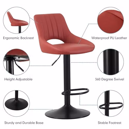 mcc direct Stacey Set of 2 Red Faux Leather Swivel Bar Stools with Backrest and Footrest – 4