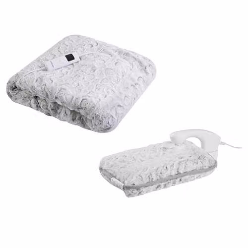 Carmen Luxury Electric Heated Blanket and Rechargeable Hot Water Bottle with Flannel Fleece and Faux Fur, Temperature Control and Adjustable Timer, Winter Hare EEJB360 – 1