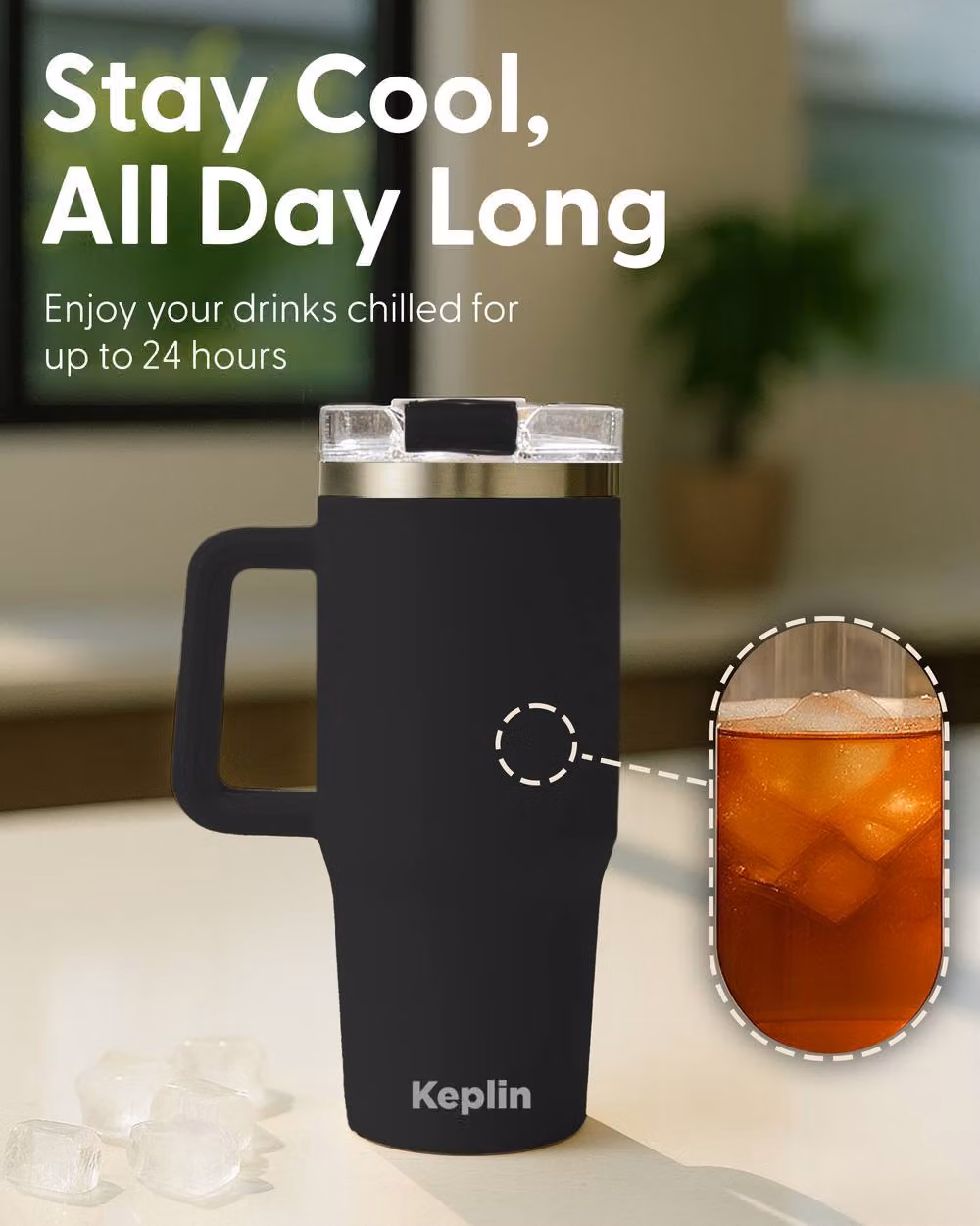Keplin Insulated Travel Tumbler with Handle and Straw, 1200 ml, Black – 6
