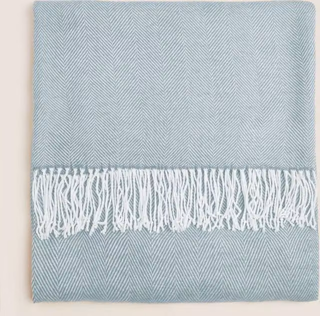 M&S Herringbone Woven Throw with Fringes in Light Blue