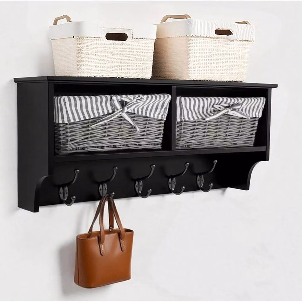 KORVIXA Black Wall Mounted Coat Rack with Rattan Shelf, W/D/H: 100 x 100 x 100 cm – 4