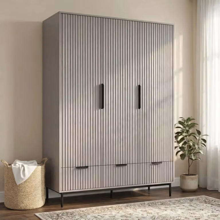 DHS Fluted 3 Door Wardrobe with Drawers and Shelves in Grey Lacquered Finish, H 180.3 x W 138.8 x D 55 cm