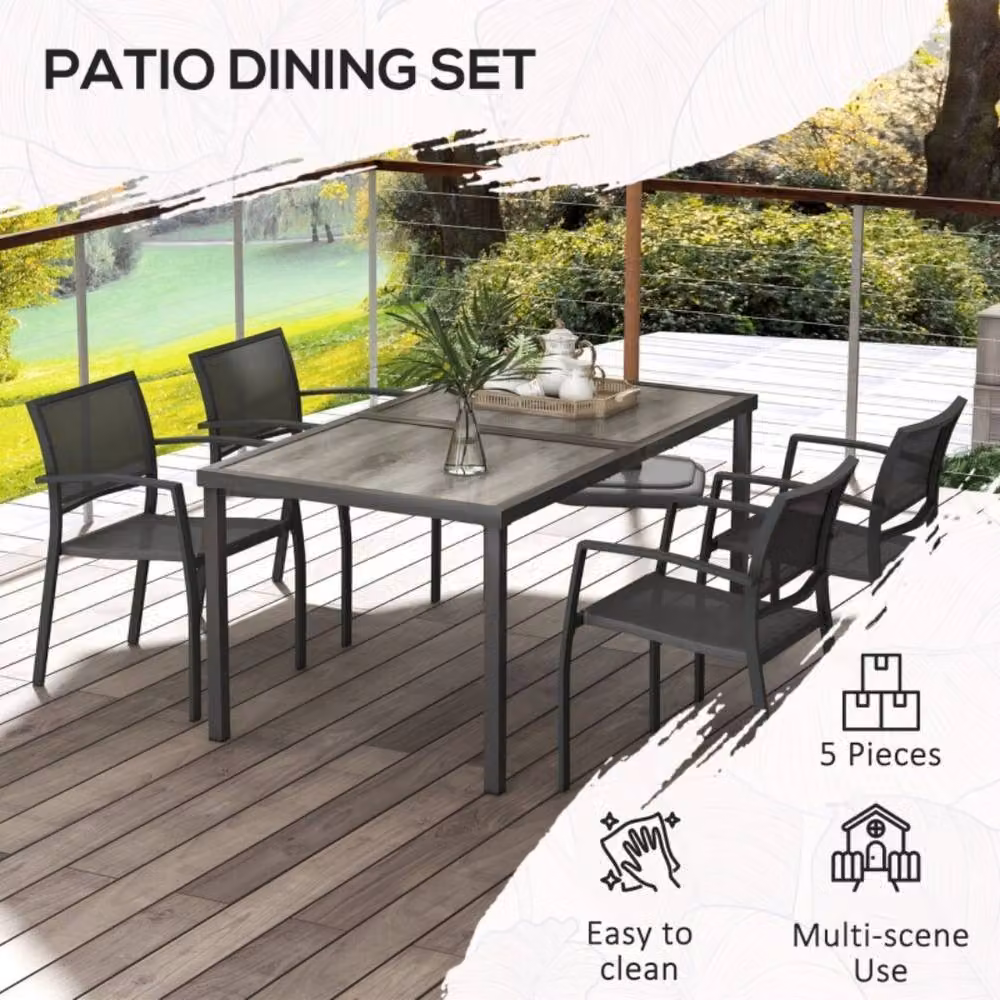 STILVORA 5 Piece Grey Garden Dining Set with Rectangular Glass Table and Stackable Chairs – 6