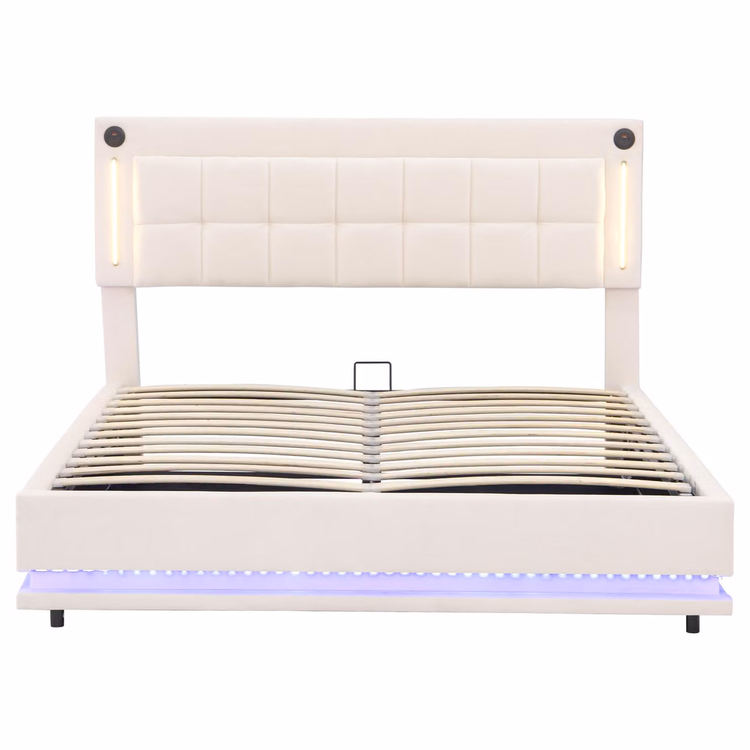 Aosom UK Beige Velvet Upholstered Bed with Hydraulic Storage, USB Charging Port and LED Under-Bed Lighting, W/D/H: 180 x 200 x 152.4 cm – 2