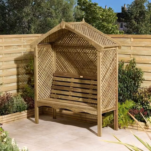 Rowlinson Marrakesh Three Seat Timber Garden Arbour in Brown, L65 x W183 x H212 cm