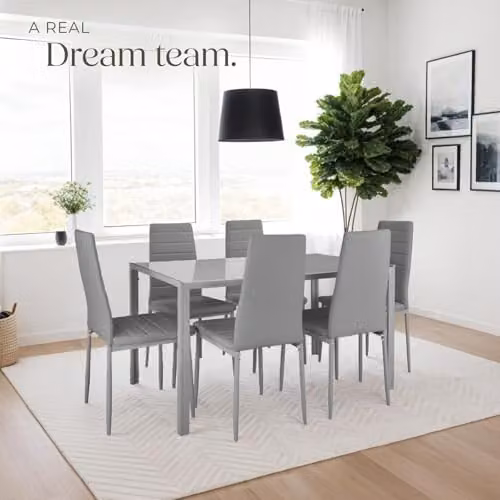 tectake Set of 6 Modern Dining Chairs in Grey Synthetic Leather with Metal Legs – 2