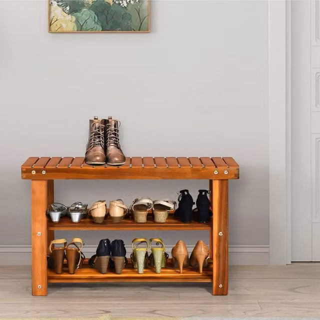 Costway Acacia Wood 3-Tier Shoe Rack Bench in Brown, W/D/H: 70 x 28 x 45 cm – 1