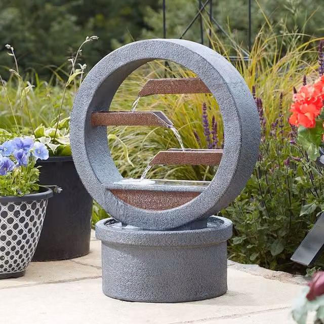Garden Mile Omega Solar Cascade Water Feature Fountain, Round Stone Design in Grey and Brown