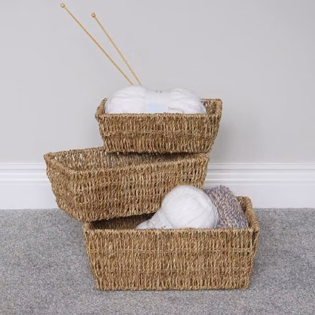 JVL Set of 3 Brown Open Weave Seagrass and Wire Storage Baskets with Handles