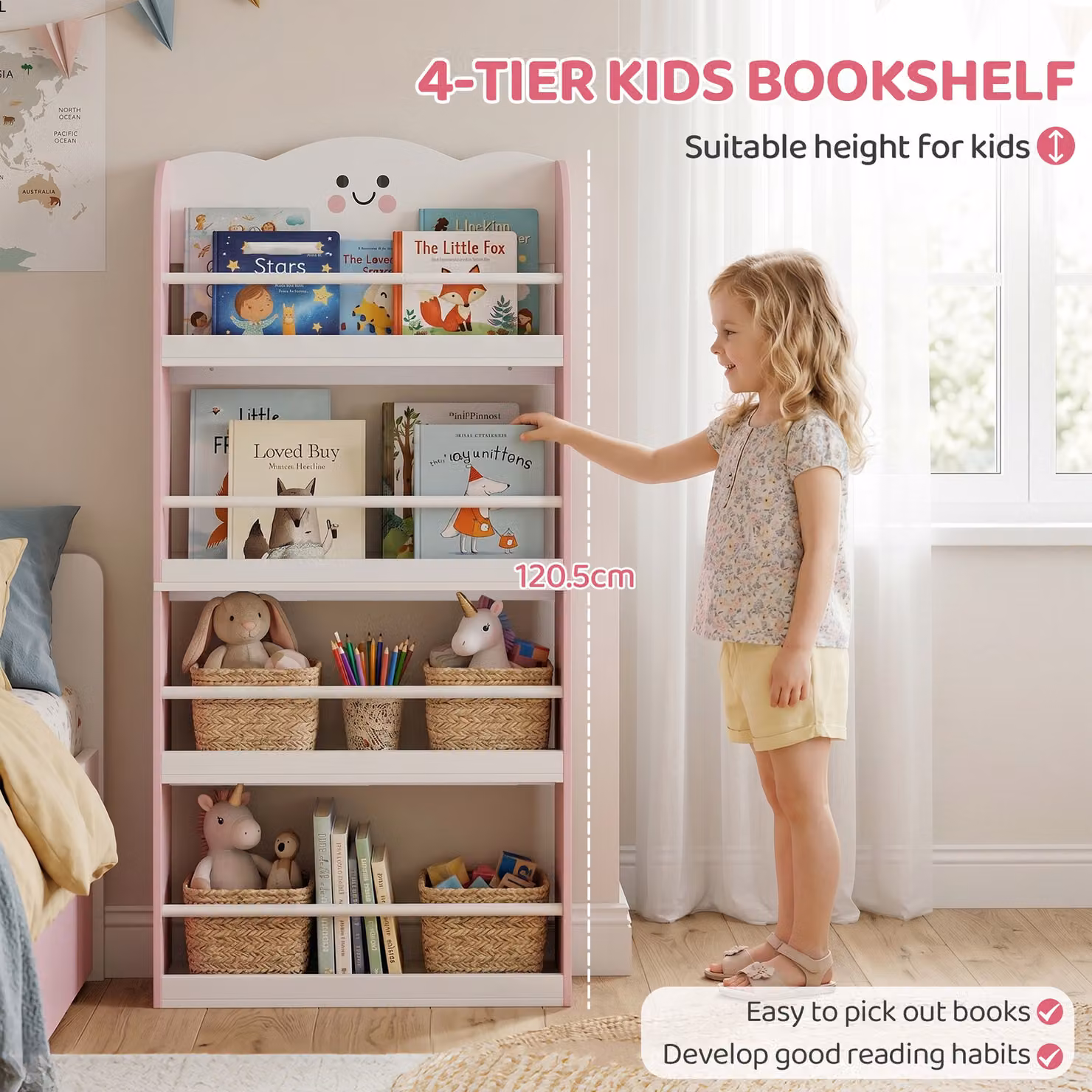 AIYAPLAY 4 Tier Wall-Mounted Kids Bookshelf in Pink and White – 3