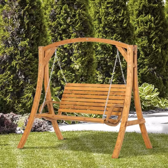 Outsunny 2 Seater Wooden Garden Swing Chair with Armrests in Brown
