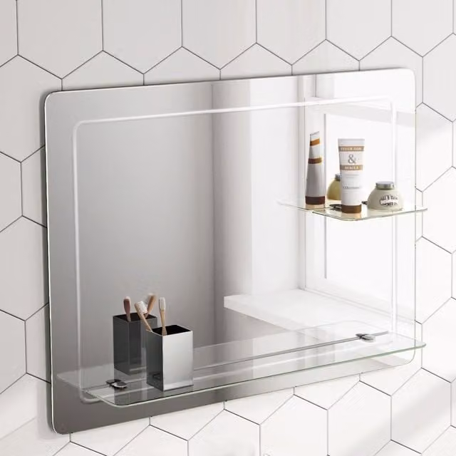 Nes Home Round Corner Mirror with Double Glass Shelf in Silver, W: 80.0 cm, H: 60.0 cm