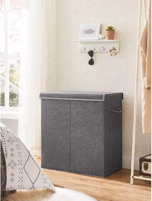 SONGMICS 142L Laundry Basket with Magnetic Lid and Removable Bag, Grey, W: 60 cm, H: 66 cm, D: 40 cm