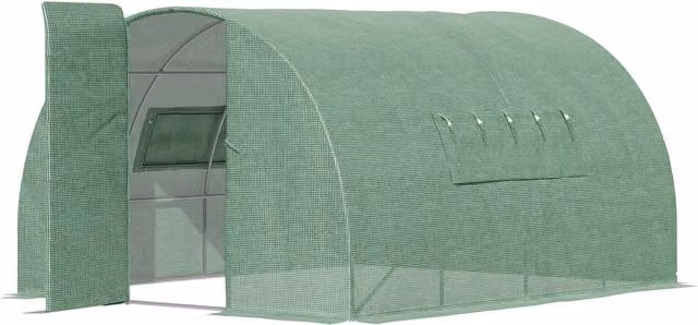 Outsunny Green Reinforced Polytunnel Greenhouse with Steel Frame, Metal Hinged Door and Mesh Windows, W/D/H: 4 x 3 x 2 m
