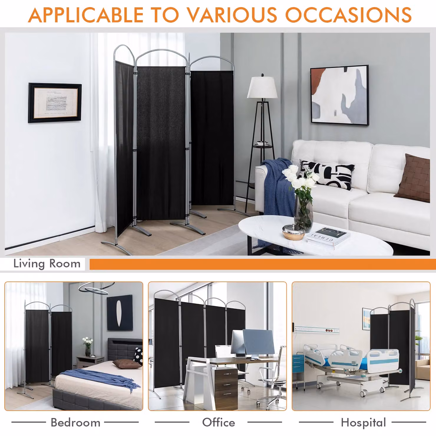 Costway 4 Panel Folding Privacy Screen Room Divider in Black, Height: 188 cm – 6
