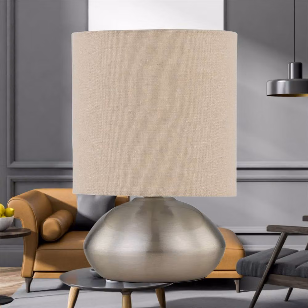 First Choice Lighting Jenson Touch Table Lamp in Brushed Chrome with Beige Fabric Shade – 2