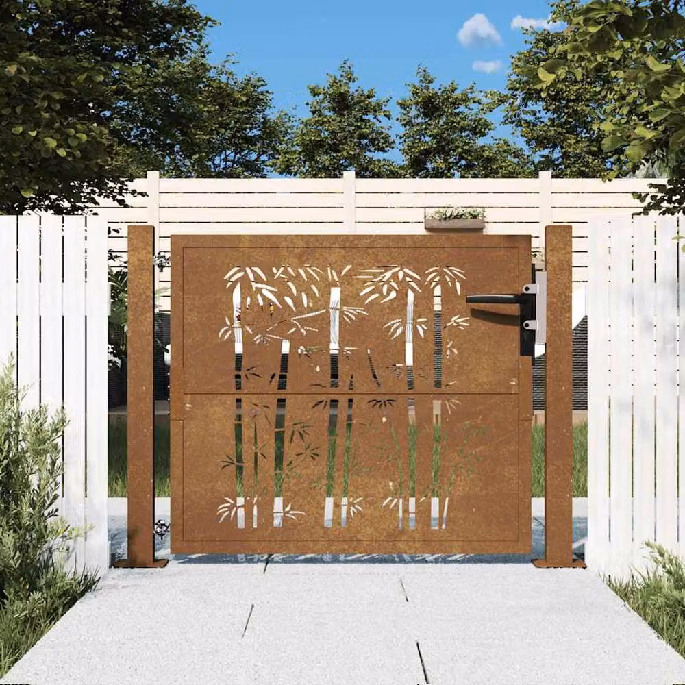 Berkfield Home Garden Gate in Brown Corten Steel with Bamboo Design, W/H: 105 x 80 cm – 2