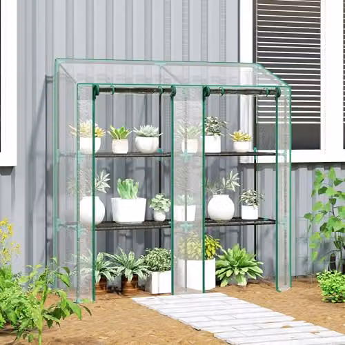 Outsunny Lean-to Mini Greenhouse with 3 Tiers and Roll-up Doors, Transparent, W/D/H: 143 x 46 x 151 cm – 6