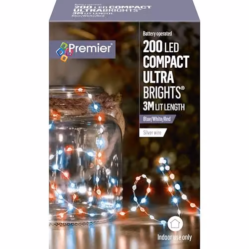 Premier Decorations Compact Ultrabright Battery Operated LED Lights with 200 Red, White and Blue LEDs on Silver Wire – 3