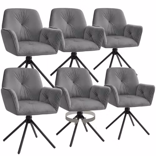 tectake Set of 6 Lenia Swivel Dining Chairs in Anthracite and Black Velvet-Look Fabric