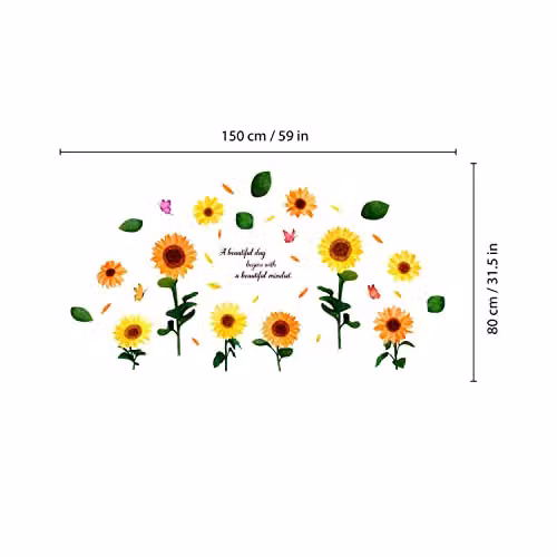 WALPLUS Watercolour Sunflowers with Butterflies Wall Stickers, Yellow and Multicolour Floral Peel and Stick Removable Wall Decals, W 150 cm x H 80 cm – 3