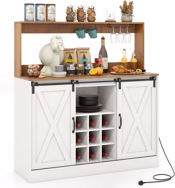 COSTWAY Rustic White Farmhouse Coffee Bar Cabinet with Sliding Glass Doors and Internal Shelving