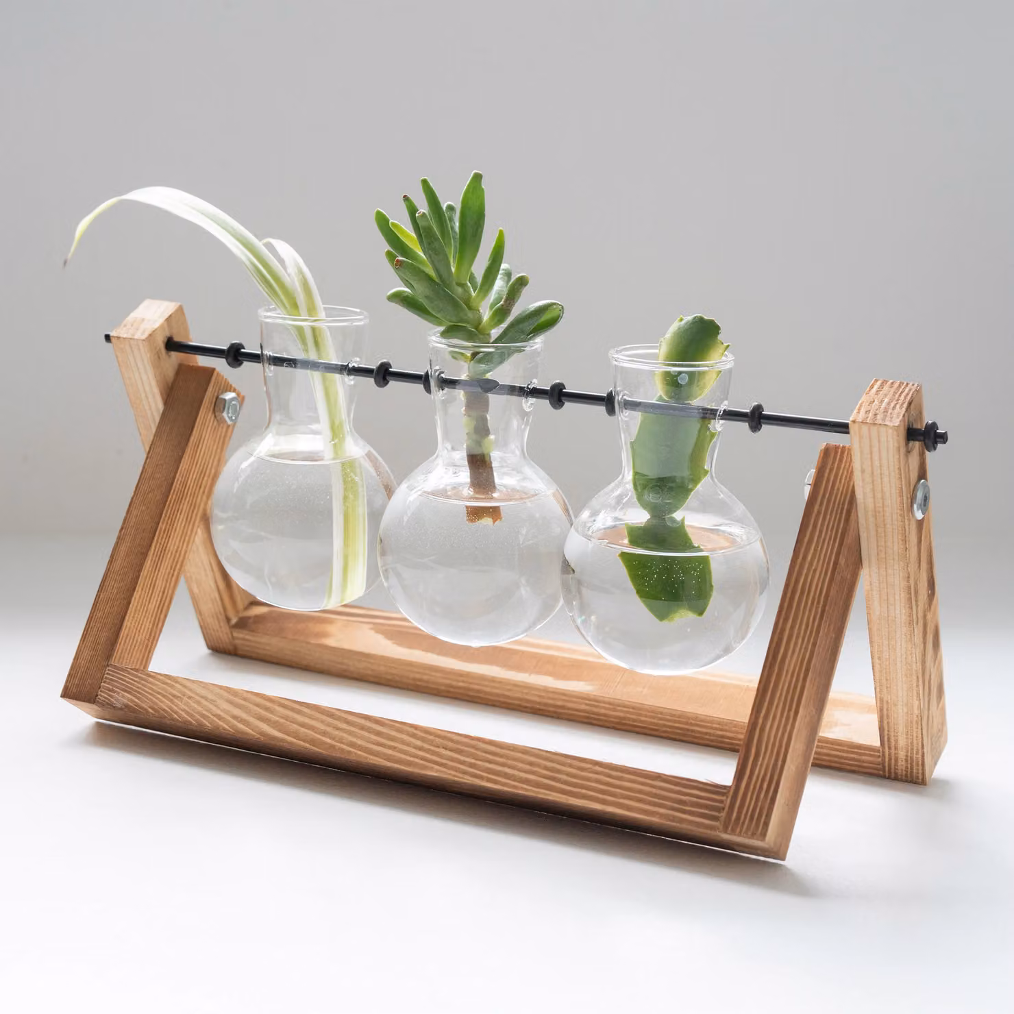 Menkind #Winning Triple Propagation Vases Set with Brown Wooden Stand and Metal Swivel Hydroponic Plant Terrarium – 2