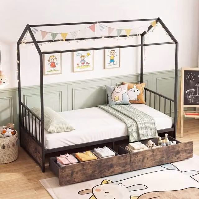 Costway Single Size Metal Bed Frame with 2 Drawers, Headboard and Footboard in Brown, W/D/H: 90 x 200 cm – 1