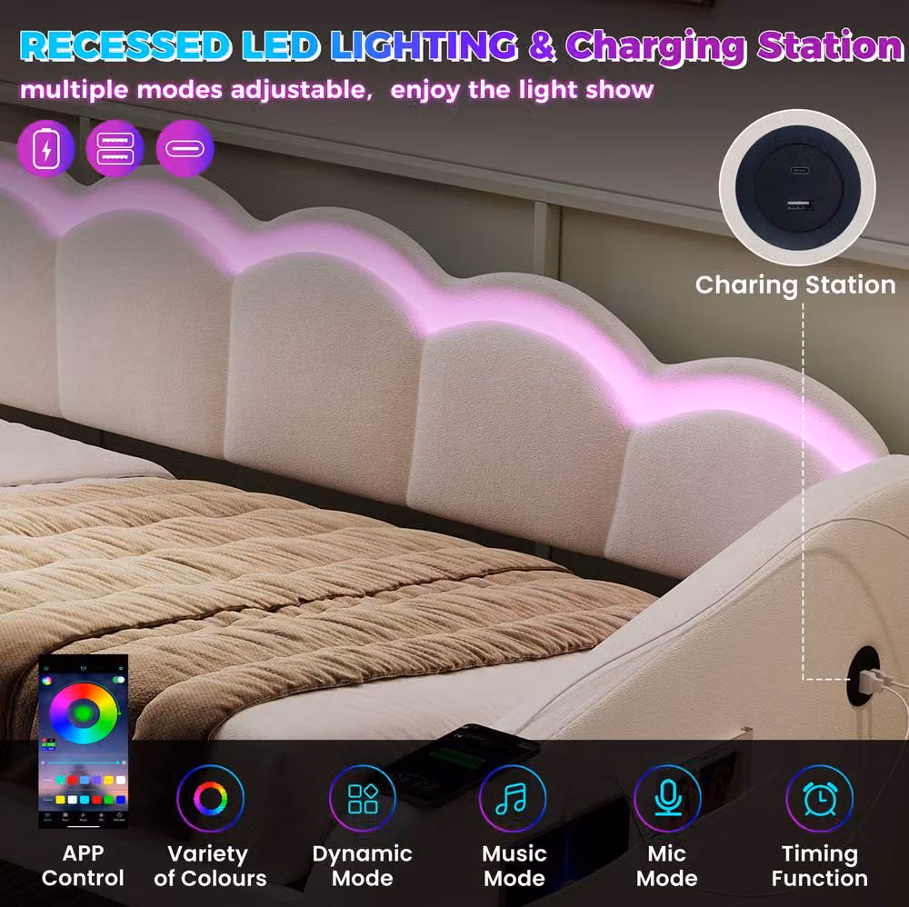 STILVORA Upholstered Velvet Daybed in Beige with Lift-Up Storage, LED Lighting and USB Charging Port, W/D/H: 90 x 190 x 91.44 cm – 3
