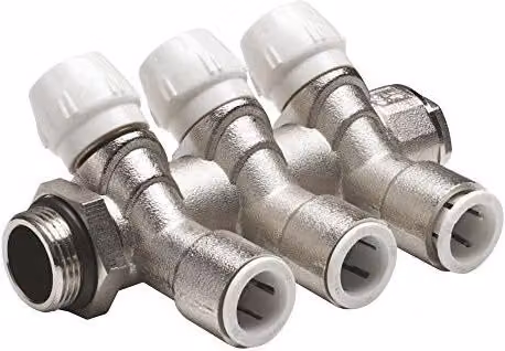 John Guest Brass 2 Port Manifold 15mm x 3/4 inch in Gold