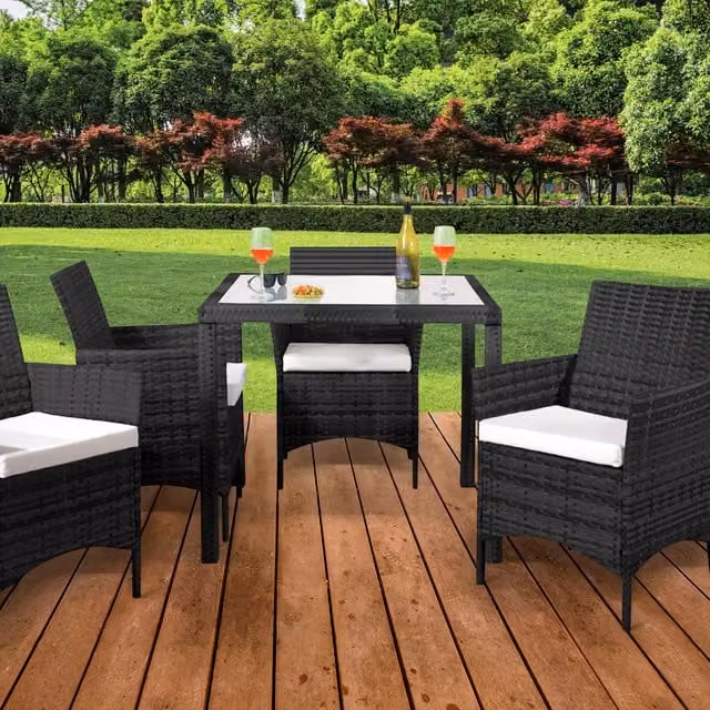 Comfy Living 5 Piece Modern Black Rattan and Glass Garden Dining Set
